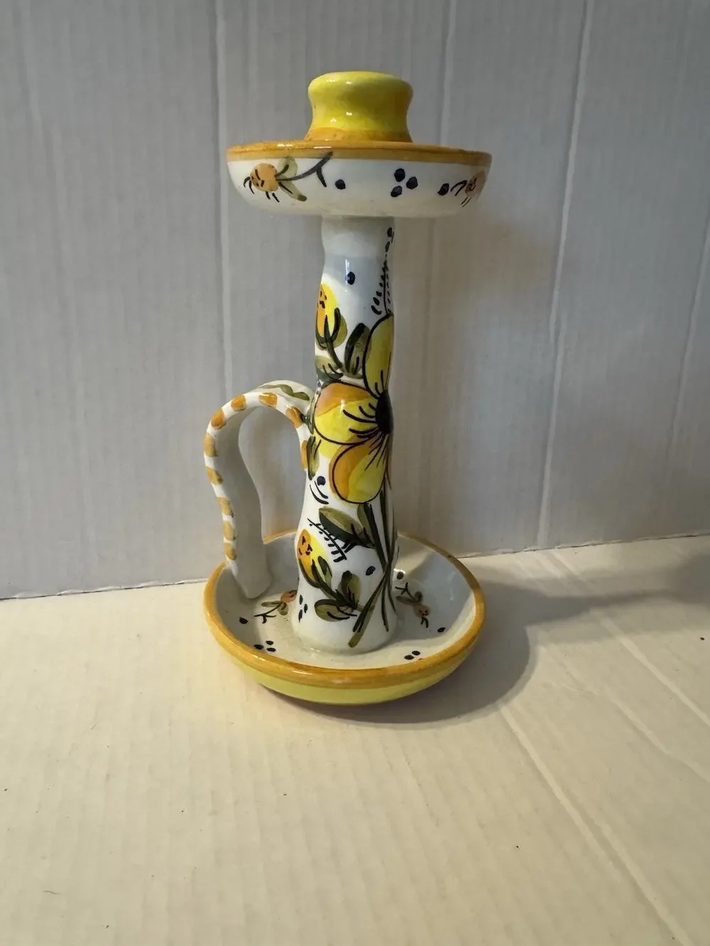 Yellow Floral Ceramic Candle Holder Round with Handle Hand Painted Spain Dish